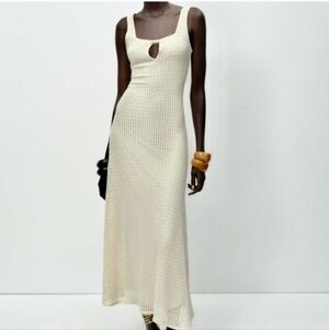 Zara White Open Crochet With Gold Embellishment Maxi Dress